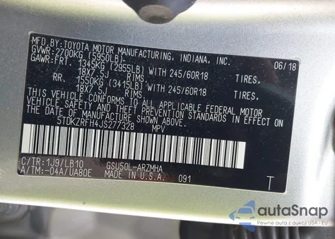 2018 Toyota Highlander Xle from USA, damaged, VIN 5TDKZRFH4JS277328